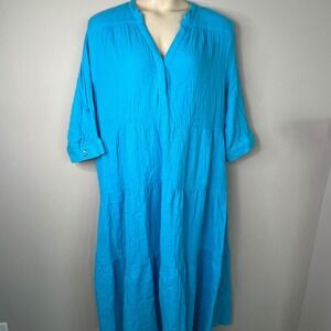 Chicos 4 Gauze Tiered Maxi Dress XXL Cotton Turquoise Coastal Boho Resort Breezy